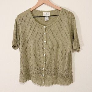 Vintage Knit Cardigan Sage Green Cottagecore Pointelle Susan Bristol XL